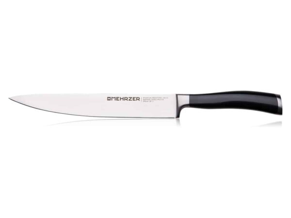 MEHRZER Premium knives, made of German stainless steel with improved hardness, guarantee safety and a wonderful cutting experience - from tough meat to delicate vegetables. These knives will be loved by your whole family.  ✔ TIME SAVING – Long-lasting sharpness saves time and improves the culinary experience. ✔ EASY CARE – Easy cleaning with mild detergent and cold water. ✔ SUPERIOR PERFORMANCE – The ergonomic handle ensures safety and control, while the sharpness ensures ease of use. ✔ DURABLE – High quality German stainless steel X50CrMoV15 makes MEHRZER knives very durable against scratches and corrosion. ✔ PURPOSE – Intended for cutting thin pieces of meat, fruit, vegetables, steaks, etc., its shape and sharpness serve a specific purpose.