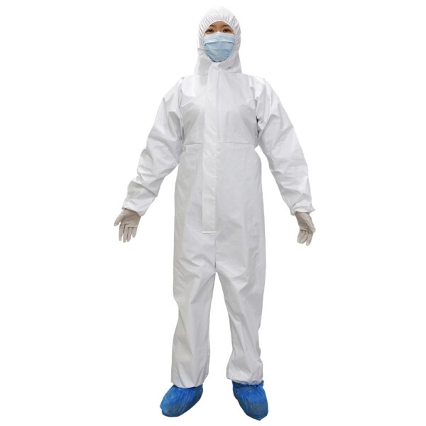 Disposable white isolation suit to prevent infection